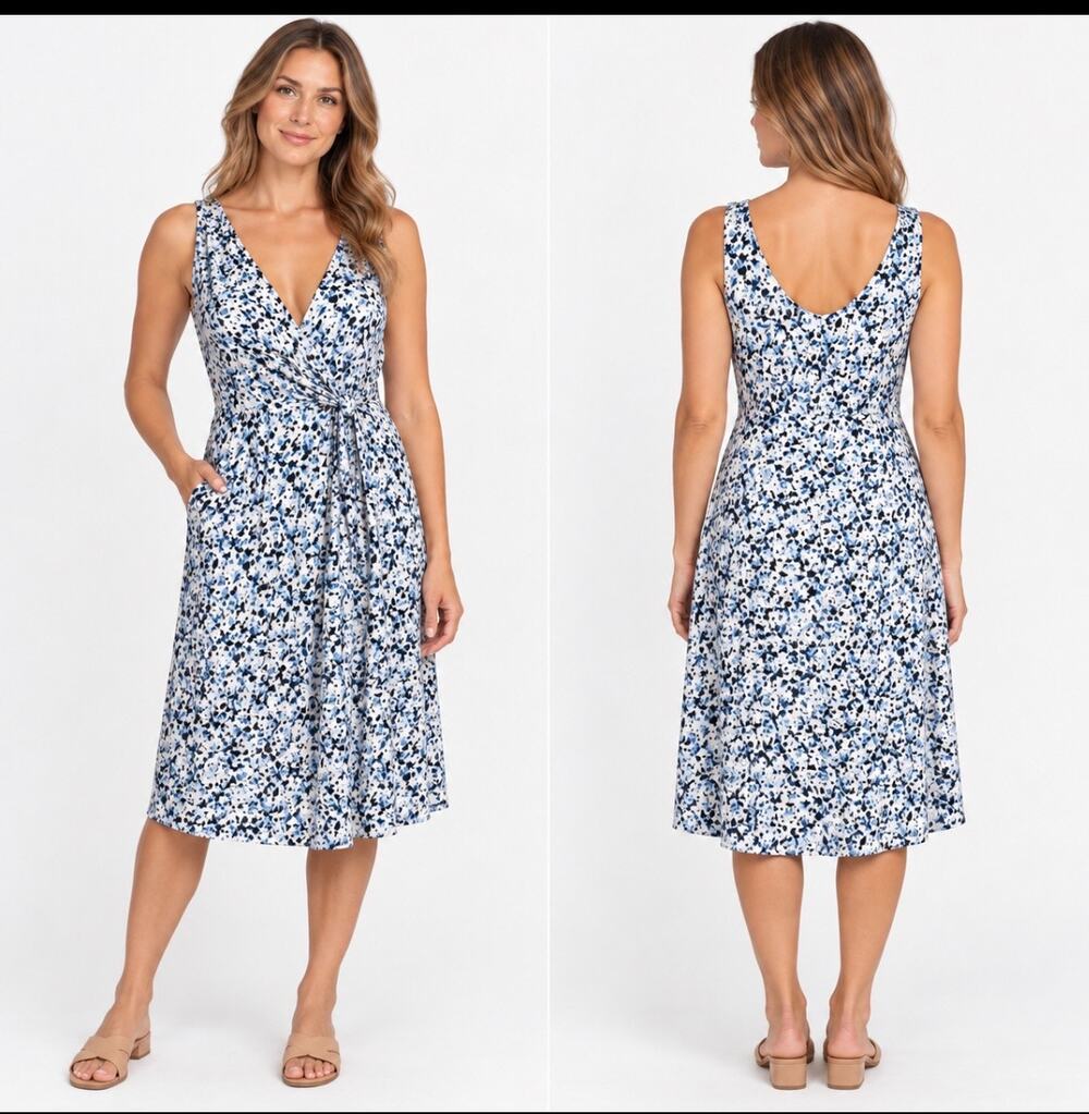 Lauren Ralph Lauren Dress Women’s 16 Blue White Floral Faux Wrap Sleeveless
